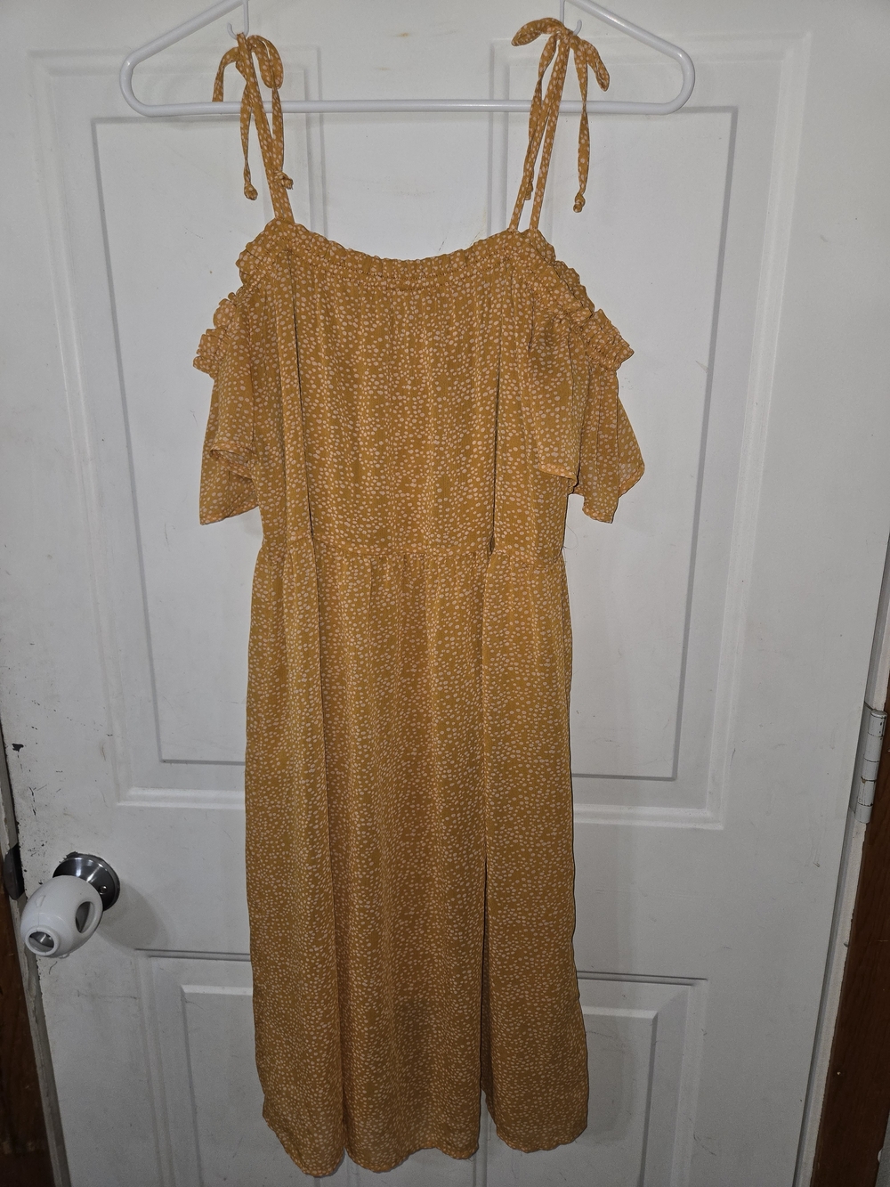 Xhilaration Mustard Yellow Spotted Tie-Shoulder Midi Dress